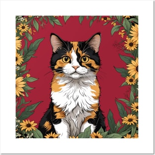 Maryland Calico Cat And Black Eyed Susan Flowers 4 Posters and Art